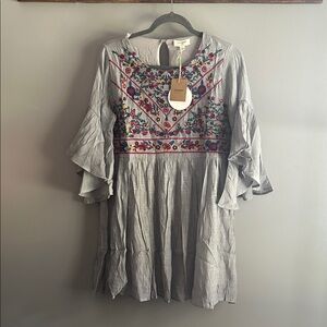 Umgee Gray Embroidered Dress with Ruffle Sleeves
